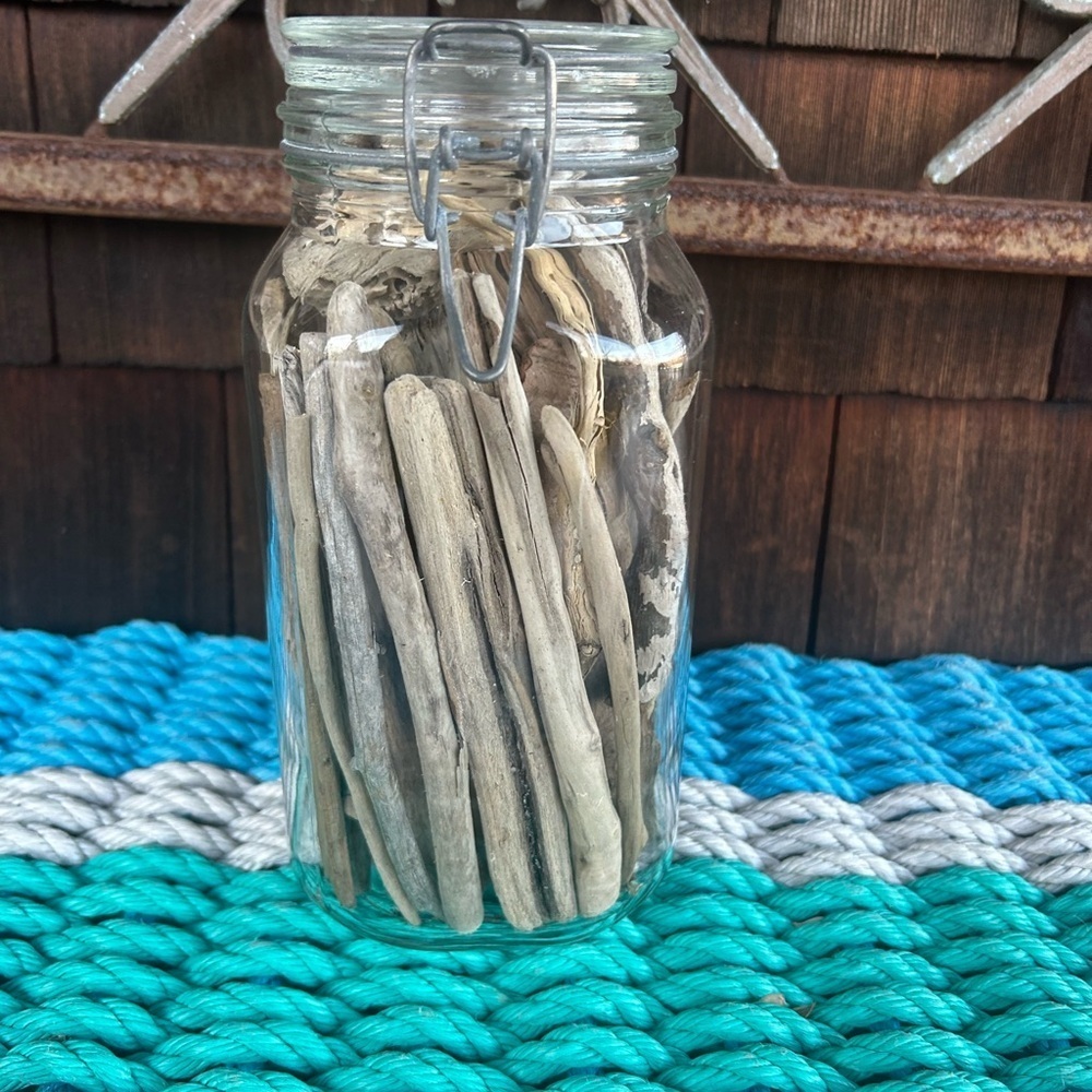 Montauk drift wood handpicked from the beaches of Montauk in a vintage jar